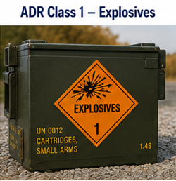 Transporte de materiales explosivos con etiquetas de advertencia ADR Clase 1 y procedimientos de seguridad