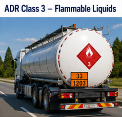 Camión cisterna de combustible transportando líquidos inflamables con señales de peligro ADR Clase 3