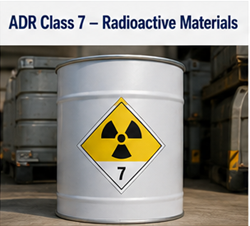 Transporte de material radiactivo con símbolos de peligro ADR Clase 7 y contenedores protegidos