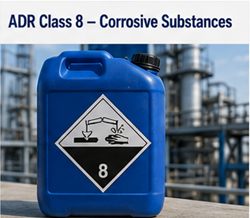 Productos químicos corrosivos en contenedores industriales con etiquetas de advertencia ADR Clase 8