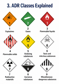 Gráfico de clases de peligro ADR que muestra categorías de mercancías peligrosas y etiquetas de advertencia