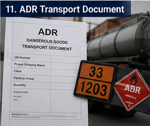 Documento de transporte ADR de mercancías peligrosas utilizado para el transporte de materiales peligrosos en Europa