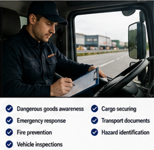 Conductor certificado ADR de mercancías peligrosas realizando una inspección del vehículo