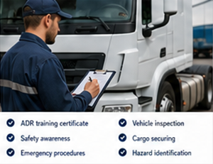 Conductor con certificado ADR inspeccionando un vehículo de transporte de mercancías peligrosas en Europa