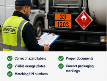 Inspección ADR en carretera comprobando etiquetas de peligro y paneles naranjas