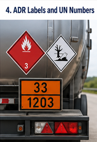 Etiquetas ADR, placas naranjas y números UN en un camión de transporte de mercancías peligrosas
