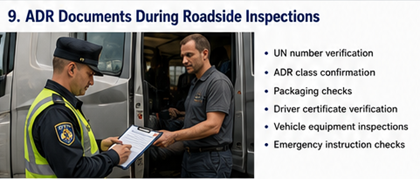 Inspección en carretera ADR comprobando documentos de transporte de mercancías peligrosas en Europa
