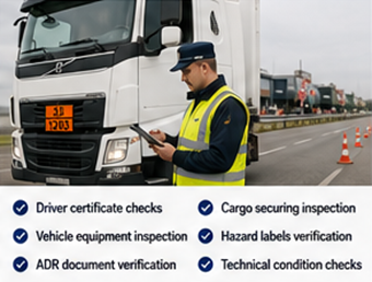 Inspección ADR en carretera a un camión de mercancías peligrosas y su conductor en Europa