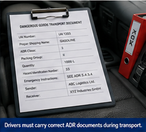 Documentos de transporte ADR y documentación de mercancías peligrosas dentro de la cabina del camión