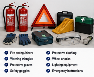 Equipamiento de seguridad ADR para camión de mercancías peligrosas, incluidos extintores y equipos de protección