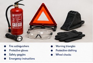 Equipamiento de seguridad de un camión ADR, incluidos extintores y material de emergencia