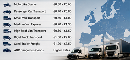 Tarifas de transporte por kilómetro en Europa para furgonetas, camiones y logística de mercancías