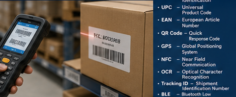 Trabajador de almacén escaneando etiquetas RFID y códigos de barras durante la gestión de inventario