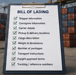 Detalles del documento de transporte e información de la carga dentro de un Bill of Lading