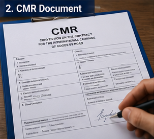 Documento de transporte CMR utilizado en el transporte por carretera europeo con detalles del envío y firmas