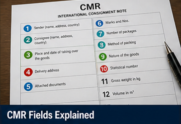 Vista detallada de los campos del formulario CMR que muestra remitente, destinatario, descripción de la mercancía y secciones de firma