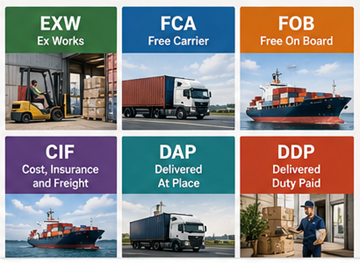 Resumen de los Incoterms más comunes, incluidos EXW, FOB, CIF, DDP y DAP en la logística global