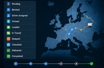 Estados de seguimiento de envíos mostrados en un sistema de software de transporte logístico
