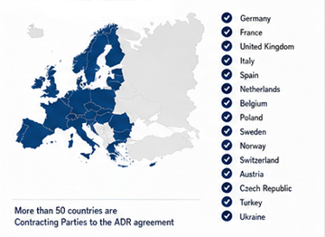 Países europeos e internacionales que utilizan la normativa ADR de transporte de mercancías peligrosas