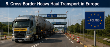 Convoy internacional de transporte sobredimensionado cruzando fronteras europeas