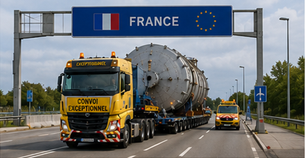 Convoy internacional de transporte sobredimensionado cruzando fronteras europeas