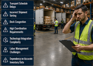Terminal logística congestionada que afronta desafíos de coordinación de cross-docking y transporte