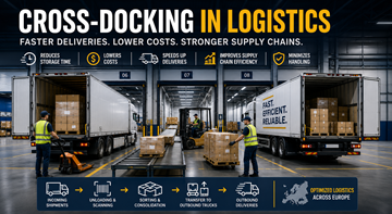 Almacén de cross-docking con camiones cargando y descargando mercancías en un moderno centro logístico europeo