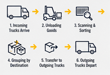 Flujo de trabajo de cross-docking con camiones logísticos entrantes y salientes