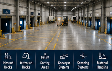 Terminal de cross-docking con muelles de carga, camiones y operaciones de clasificación