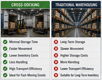 Comparación entre operaciones de cross-docking y almacenamiento tradicional en almacén
