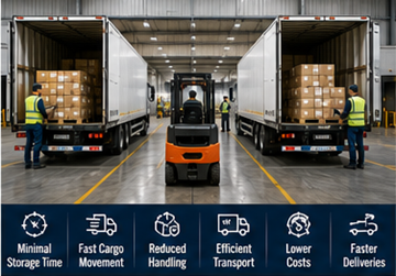 Almacén de cross-docking transfiriendo palets directamente entre camiones