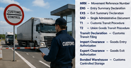 Proceso de despacho aduanero en frontera internacional con documentos de transporte y abreviaturas para operaciones de importación y exportación