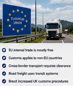 Camiones europeos cruzando fronteras y realizando trámites aduaneros en operaciones logísticas