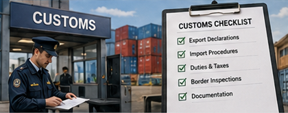 Agentes de aduanas revisando carga internacional y documentos de transporte para operaciones de importación y exportación