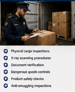 Agentes de aduanas inspeccionando contenedores de carga y vehículos de transporte en una terminal fronteriza