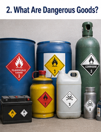 Ejemplos de mercancías peligrosas, incluidos productos químicos, combustible, botellas de gas, baterías y líquidos industriales