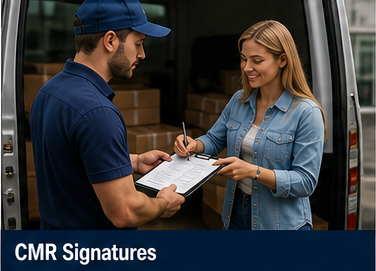 Destinatario firmando el documento de transporte como prueba de entrega tras la llegada del envío