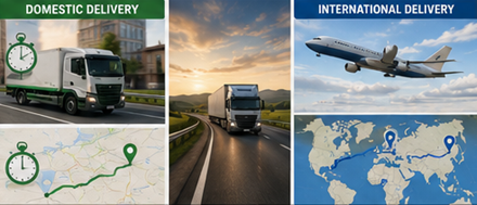 Plazos de entrega nacionales e internacionales con camiones logísticos, aviones, mapas y rutas de transporte