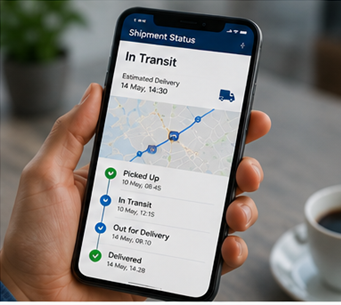Cliente usando una aplicación de seguimiento de entregas en un smartphone con actualizaciones y notificaciones en directo del envío