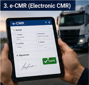 Conductor usando el documento e-CMR digital en una tablet durante el transporte logístico