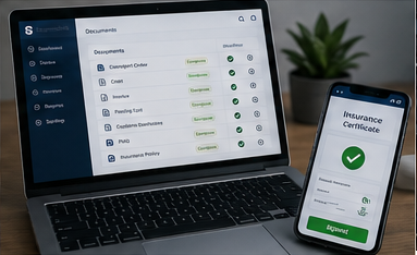 Plataforma digital de logística que muestra certificados de seguro online y gestión de documentos de transporte