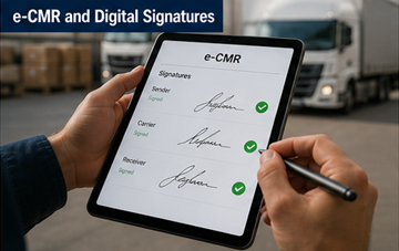 Conductor firmando un documento de transporte digital en una tableta, representando la firma electrónica del e-CMR