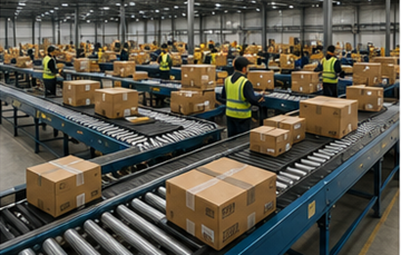 Gran centro de distribución clasificando productos para transporte y entrega