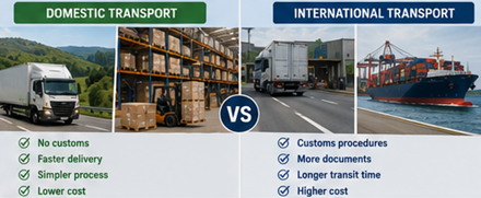 Comparación entre transporte nacional e internacional con camiones locales, inspecciones aduaneras, puertos y logística internacional de mercancías