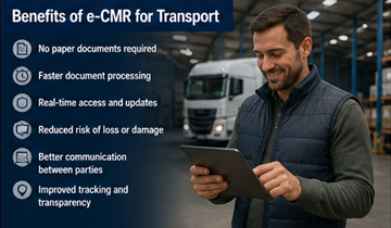 Profesional de logística usando una tableta, mostrando eficiencia y gestión digital de documentos en el transporte
