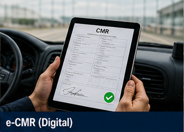 Conductor usando una tableta para firmar el documento CMR digital eCMR en un sistema logístico
