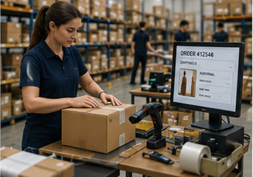 Centro de fulfillment de e-commerce procesando pedidos online de clientes