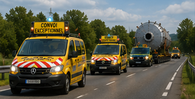Vehículos de escolta acompañando un convoy de transporte sobredimensionado en una autopista europea