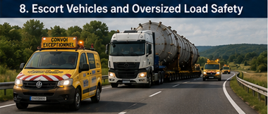 Vehículos de escolta apoyando el transporte de cargas sobredimensionadas en carreteras europeas