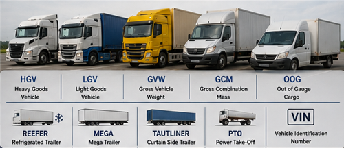Diferentes vehículos comerciales europeos de transporte, incluyendo camión frigorífico, mega tráiler, tráiler con lona lateral, furgón de carga y vehículos de transporte de plataforma